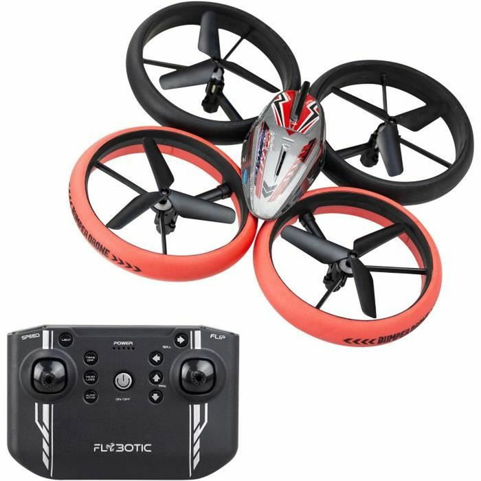 Flybotic Drone con control remoto con cama para drones y parachoques, rojo y negro
