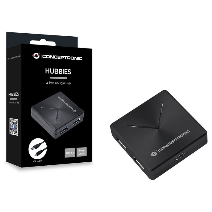Conceptronic 4-Port Hub USB 3.0 Mini-B a 4xUSB-A 3.0, Alimentación por Red, Negro