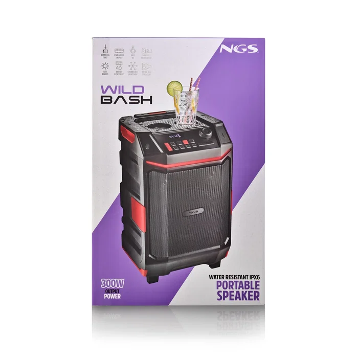 NGS Altavoz Portátil NGS WILD BASH Bluetooth 5.4, 50W RMS, Portátil con Ruedas, Luces LED RGB, Resistente al Agua IPX6, USB/AUX, Batería Extraíble, para Fiestas