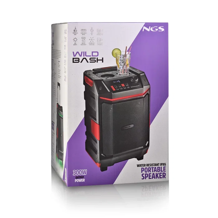 NGS Altavoz Portátil NGS WILD BASH Bluetooth 5.4, 50W RMS, Portátil con Ruedas, Luces LED RGB, Resistente al Agua IPX6, USB/AUX, Batería Extraíble, para Fiestas