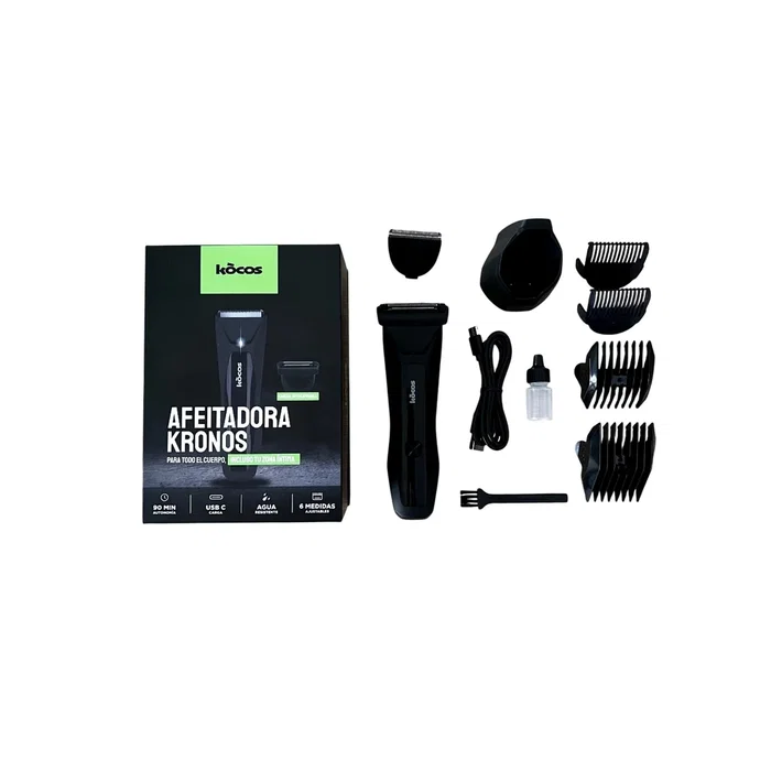 Kocos KRONOS Máquina de Afeitar Corporal Eléctrica - Recortadora para Cuerpo Completo, Negro Metálico, con Peines, Carga USB-C y Hasta 90 Min de Autonomía