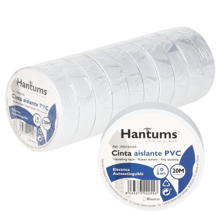 Hantums Cinta aislante eléctrica PVC 20M Blanco - 10u retráctil