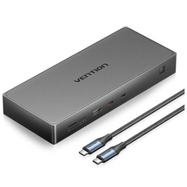 Vention Docking Station USB-C TPWH0 | Dock DisplayLink 11 en 1 con 2xHDMI 4K@60Hz, 1xDisplayPort, 3xUSB, 2xUSB-C, Carga PD 100W, Ethernet, Lector de Tarjetas - Gris