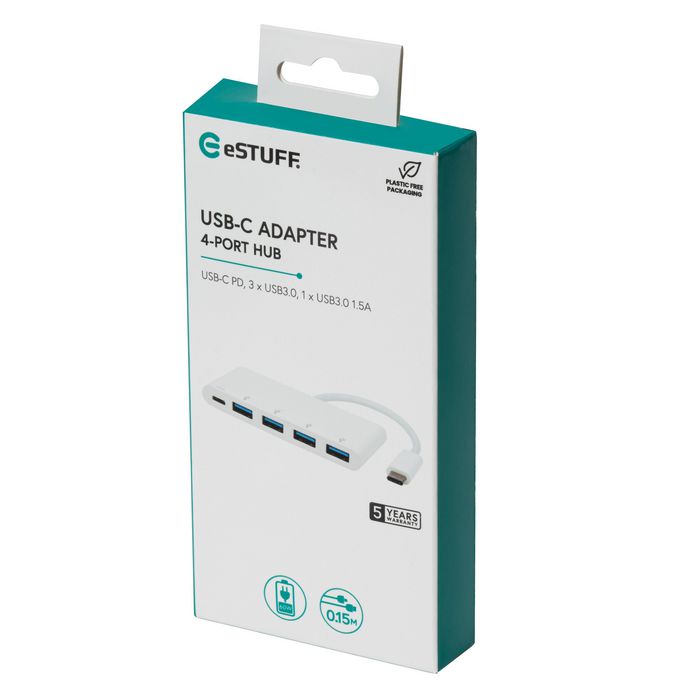 eSTUFF Hub de Carga USB-C a 4 Puertos USB 3.0 con Puerto de Carga USB-C para Portátil, Tablet y Dispositivos Compatibles