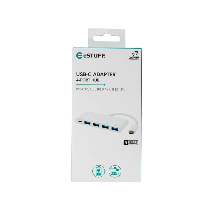 eSTUFF Hub de Carga USB-C a 4 Puertos USB 3.0 con Puerto de Carga USB-C para Portátil, Tablet y Dispositivos Compatibles