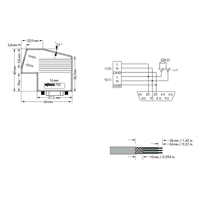 WAGO 750-963 Conector de bus de campo CANopen con toma D-Sub de 9 polos, Gris claro