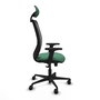 Silla de oficina Zulema con mecanismo Sincro tapizada con Tela color Verde esmeralda y malla color Negro. Equipada con lumbar 1D, Brazos 2D, Cabecero Fijo y Ruedas 65mm nailon