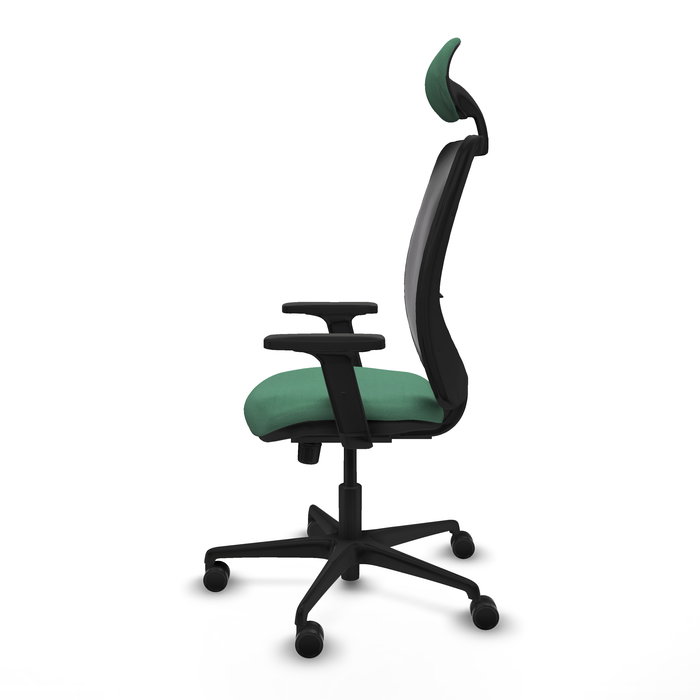 Silla de oficina Zulema con mecanismo Sincro tapizada con Tela color Verde esmeralda y malla color Negro. Equipada con lumbar 1D, Brazos 2D, Cabecero Fijo y Ruedas 65mm nailon