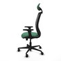 Silla de oficina Zulema con mecanismo Sincro tapizada con Tela color Verde esmeralda y malla color Negro. Equipada con lumbar 1D, Brazos 2D, Cabecero Fijo y Ruedas 65mm nailon