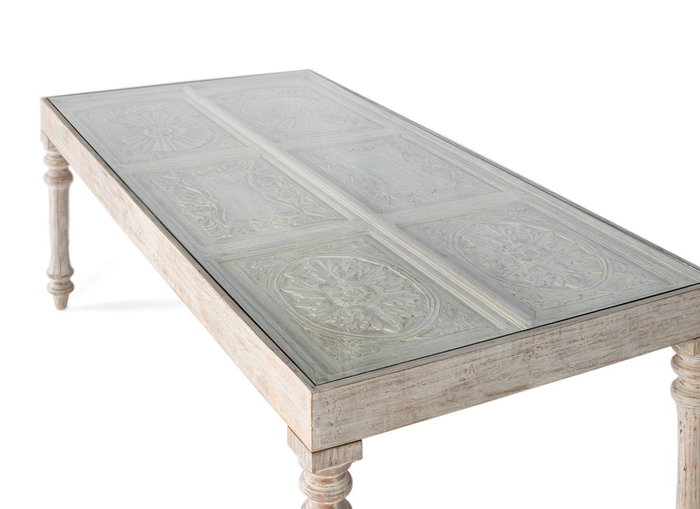 GINER Y COLOMER Mesa de Comedor Rectangular de Madera de Mango con Cristal Tallada a Mano 220 cm, Blanco Decapé