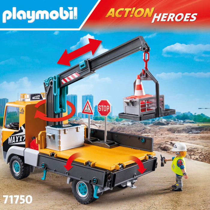 PLAYMOBIL 71750 Camión de Construcción con Grúa Action Heroes, Brazo Extensible Giratorio, Techo Desmontable, para +4 años