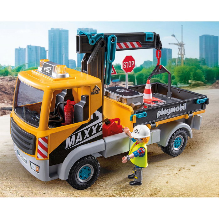 PLAYMOBIL 71750 Camión de Construcción con Grúa Action Heroes, Brazo Extensible Giratorio, Techo Desmontable, para +4 años