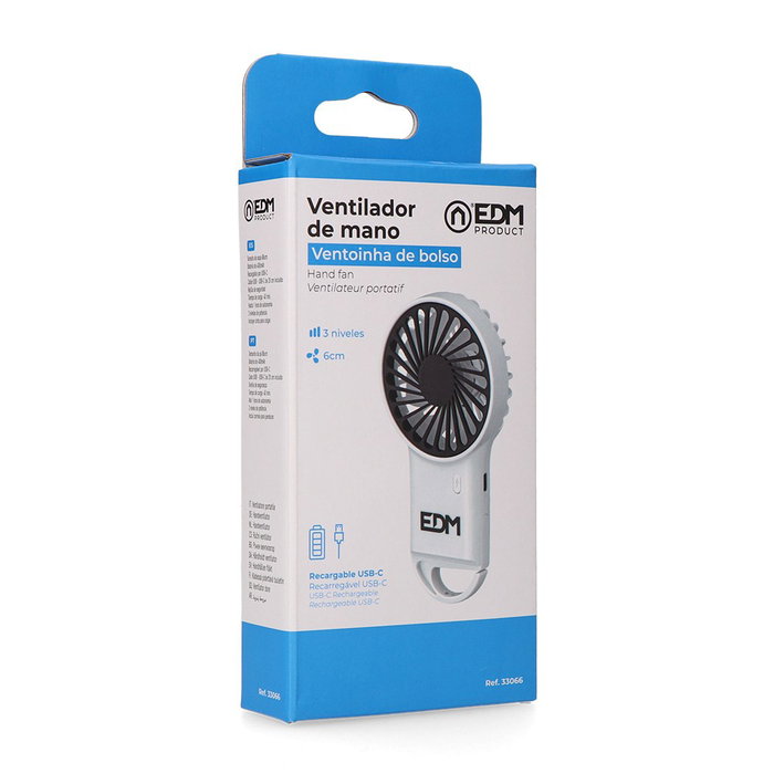 EDM Ventilador de Mano Recargable con Gancho Abatible, 3 Velocidades, Batería 400 mAh, USB-C, Autonomía 1h, Incluye Cable, Cinta para Colgar