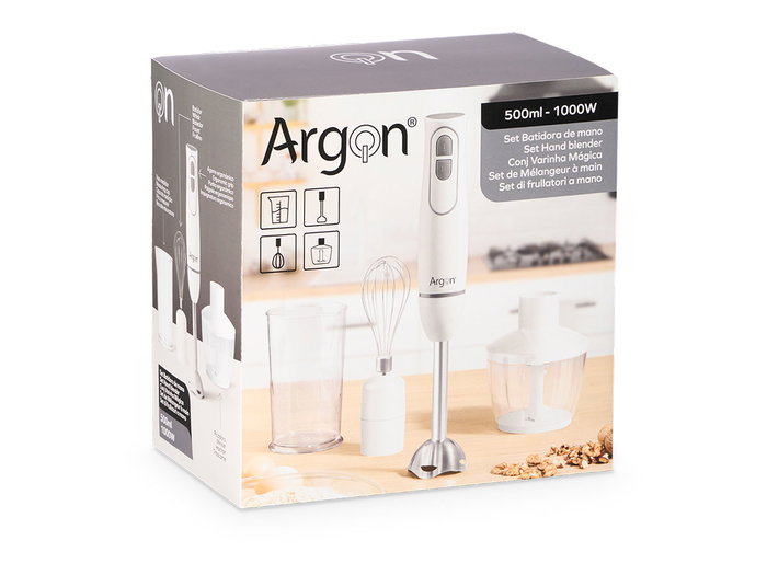 Argon Set Batidora Accesorios Blanca Gris 1000W con Jarra Triturador 500ml y Accesorios, Dimensiones 22 x 22 x 13.5 cm (Set de 6)