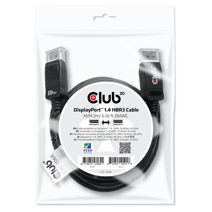 Club3D DisplayPort 1.4 HBR3 32.4Gb/s 2m 8K60Hz M/M Club3D DisplayPort 1.4 HBR3 32.4Gb/s 2m 8K60Hz M/M