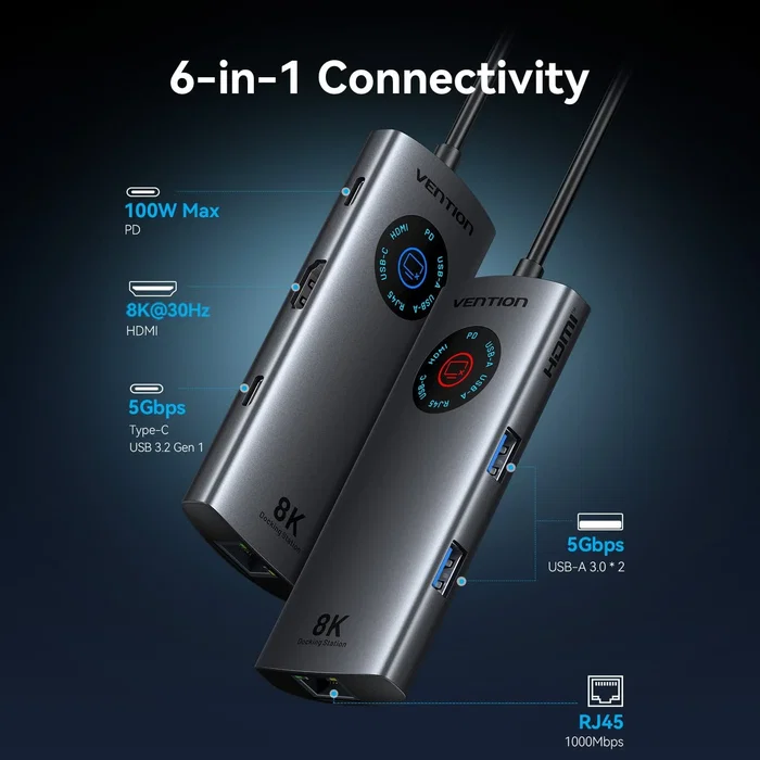 Vention Docking Station TQZHB 6 en 1 con HDMI 8K, RJ45 y USB-C PD Gris