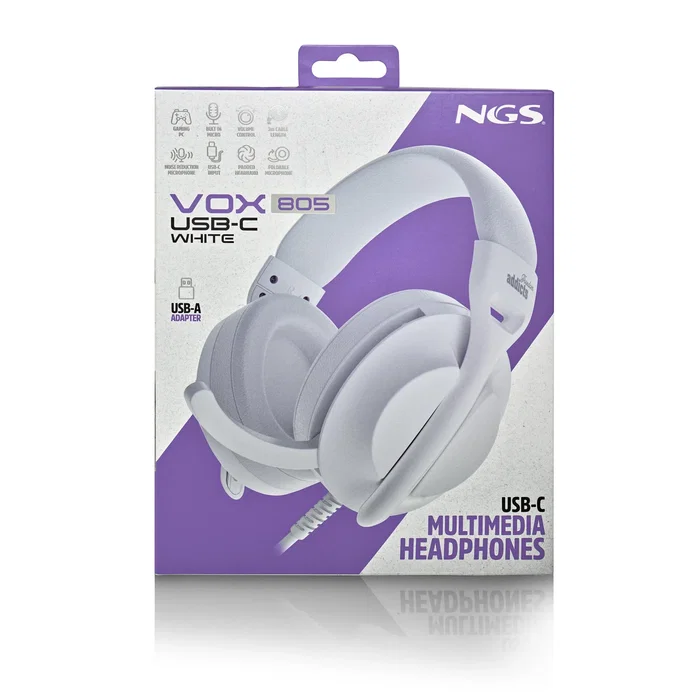 NGS Auriculares VOX805 USB-C con Micrófono, Diadema Plegable, Blanco - Ideal para Llamadas y Música en PC, Tablet y Smartphone
