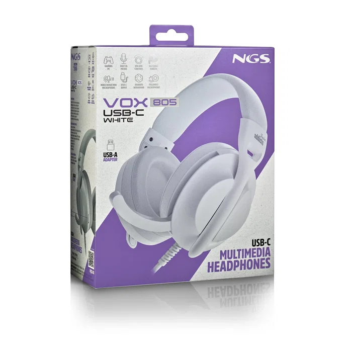 NGS Auriculares VOX805 USB-C con Micrófono, Diadema Plegable, Blanco - Ideal para Llamadas y Música en PC, Tablet y Smartphone