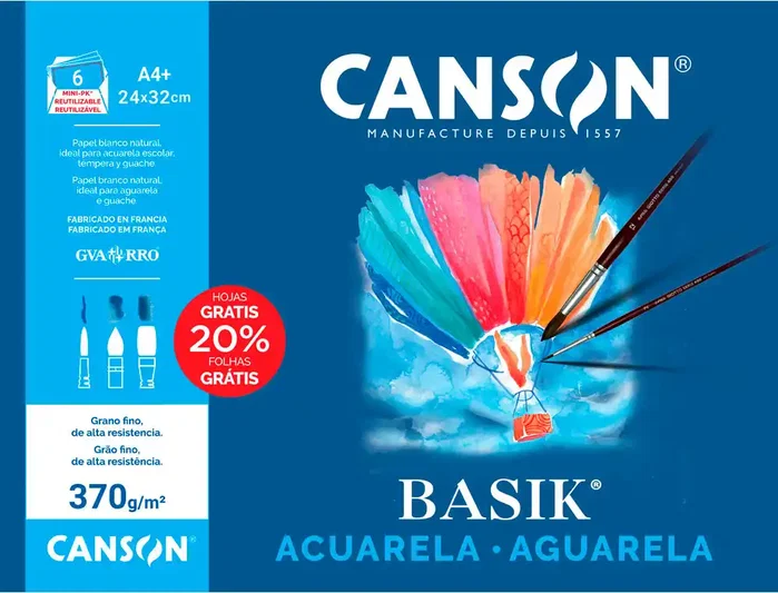 Canson Minipack Basik Papel para Acuarela y Témpera A4+ 370g