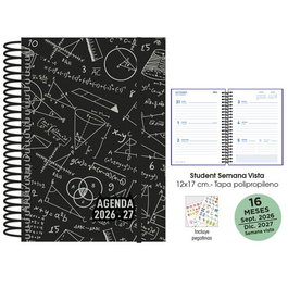 Agenda Anual (2026-27) Senfort 16 Meses Student Decorada Espiral Tapa Pp Con Goma 120X170 S/V Maths Negro