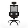 Silla de oficina Horna con mecanismo Sincro/Traslack tapizada con Tela color Marrón oscuro y malla color Gris. Equipada con lumbar 1D, Brazos 1D, Cabecero 2D y Ruedas 65 mm parqué
