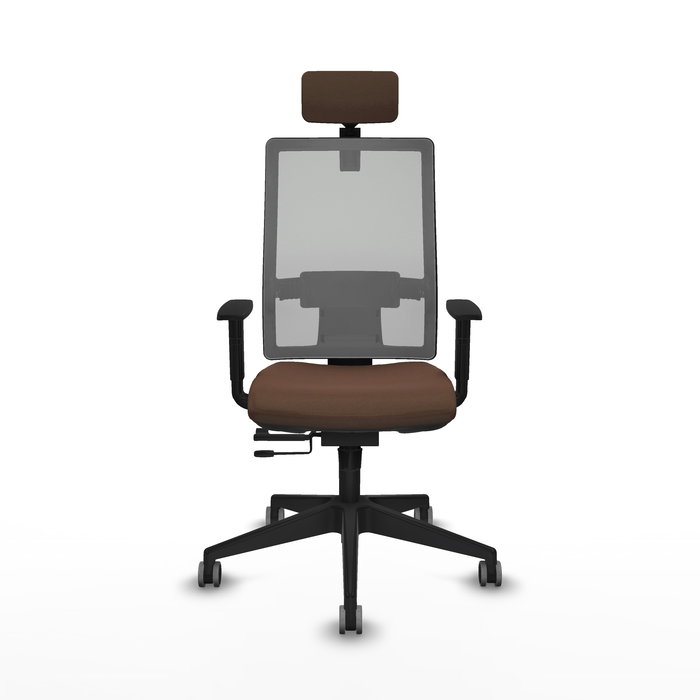 Silla de oficina Horna con mecanismo Sincro/Traslack tapizada con Tela color Marrón oscuro y malla color Gris. Equipada con lumbar 1D, Brazos 1D, Cabecero 2D y Ruedas 65 mm parqué Silla de oficina Horna con mecanismo Sincro/Traslack tapizada con Tela color Marrón oscuro y malla color Gris. Equipada con lumbar 1D, Brazos 1D, Cabecero 2D y Ruedas 65 mm parqué