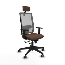 Silla de oficina Horna con mecanismo Sincro/Traslack tapizada con Tela color Marrón oscuro y malla color Gris. Equipada con lumbar 1D, Brazos 1D, Cabecero 2D y Ruedas 65 mm parqué