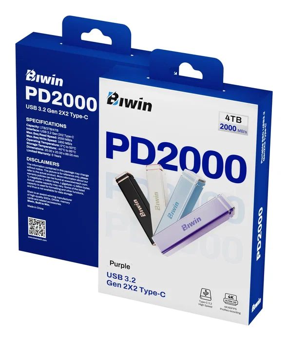 Biwin PD2000 SSD Externo 4 TB USB Tipo C USB 3.2 Gen 2x2 2000 MB/s, Color Púrpura