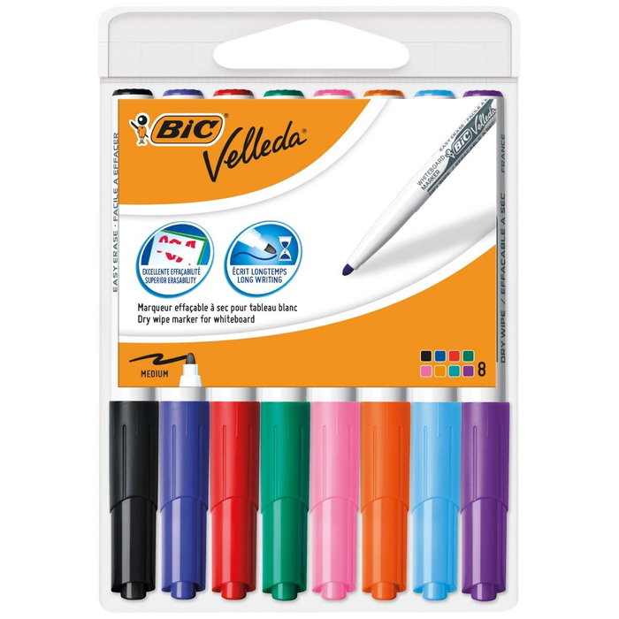 BIC Velleda 1741 Estuche de 8 Marcadores para Pizarra Blanca Surtidos con Punta Redonda