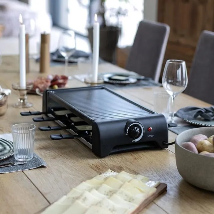 Livoo Raclette para 8 personas DOC312 1300W con Bandeja Grill Antihaderente Extraíble y Termostato Regulable