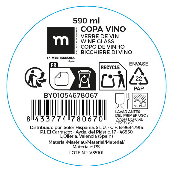 La Mediterranea Copa Vino 590 ml - 9.6 x 21.1 x 6.5 cm (12 Unidades)