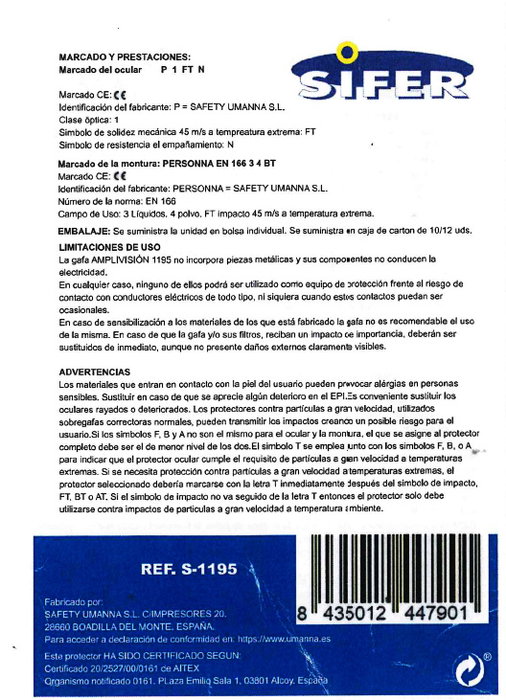 SIFER SEGURIDAD Gafas Personna 1195 Claras Antivaho Proteccíon contra Partículas y Líquidos SIFER SEGURIDAD Gafas Personna 1195 Claras Antivaho Proteccíon contra Partículas y Líquidos