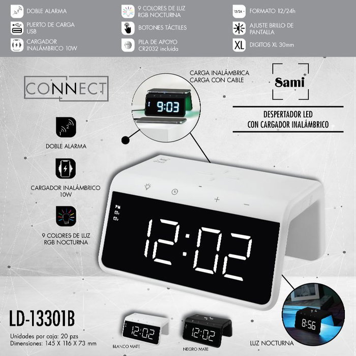 SAMI Despertador LED Digital con Reloj y Cargador Inalámbrico 10W Rápido para Móviles - Base de Alarma y Estación de Carga, Pantalla Clara, Color Blanco