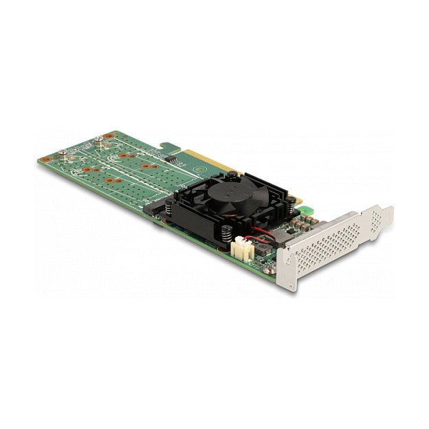 DeLOCK Tarjeta PCIe x16 a 4 NVMe M.2 Interno - Factor Forma Low Profile, Verde, Activo, 32 Gbit/s, Soporte Windows/Linux