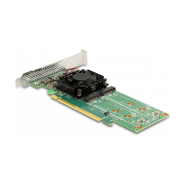 DeLOCK Tarjeta PCIe x16 a 4 NVMe M.2 Interno - Factor Forma Low Profile, Verde, Activo, 32 Gbit/s, Soporte Windows/Linux