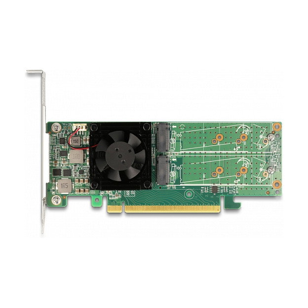 DeLOCK Tarjeta PCIe x16 a 4 NVMe M.2 Interno - Factor Forma Low Profile, Verde, Activo, 32 Gbit/s, Soporte Windows/Linux