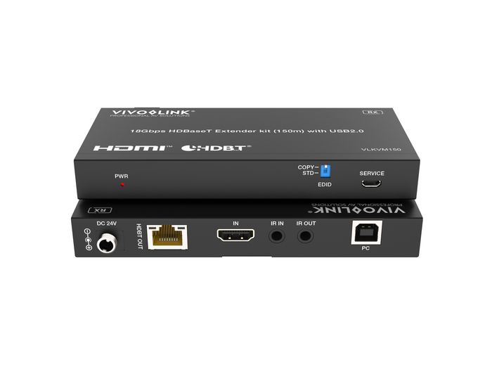 Vivolink VLKVM150 Kit Extensor KVM HDBaseT 18Gbps, 4K60, USB 2.0, Audio, IR, PoC, Alcance 150m por Cable Cat6a/7 para Salas Profesionales