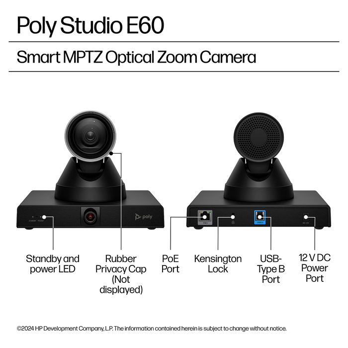 HP Poly Studio E60 Cámara Inteligente 4K MPTZ con Zoom Óptico 12x