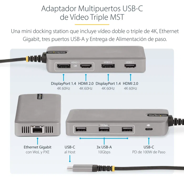 StarTech 117B-USBC-MULTIPORT Docking Station USB-C para 3 Monitores 4K, HDMI, DisplayPort, 3x USB-A 3.2, Ethernet, PD 100W, Gris