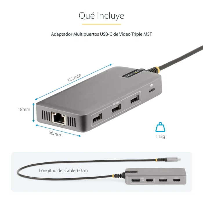 StarTech 117B-USBC-MULTIPORT Docking Station USB-C para 3 Monitores 4K, HDMI, DisplayPort, 3x USB-A 3.2, Ethernet, PD 100W, Gris