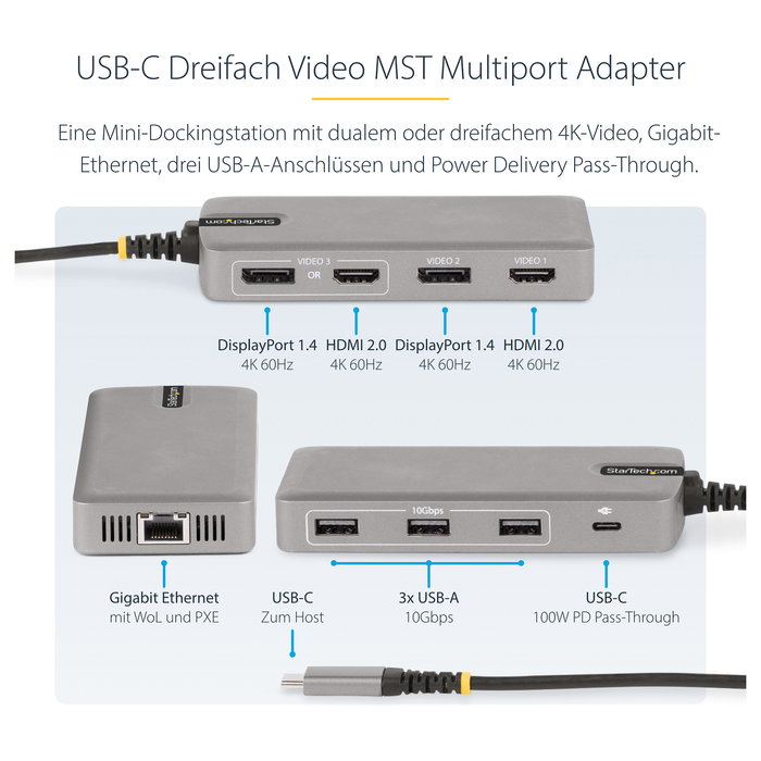 StarTech 117B-USBC-MULTIPORT Adaptador Multipuertos USB-C para 3 Monitores 4K 60Hz Doble, HDMI/DisplayPort 4K 30Hz, USB 3.2 Gen 2, PD 100W