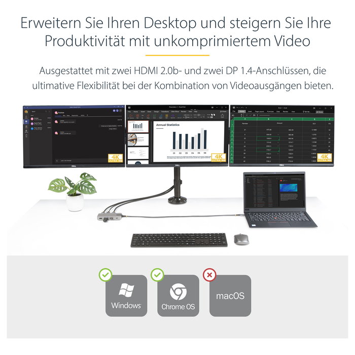 StarTech 117B-USBC-MULTIPORT Adaptador Multipuertos USB-C para 3 Monitores 4K 60Hz Doble, HDMI/DisplayPort 4K 30Hz, USB 3.2 Gen 2, PD 100W