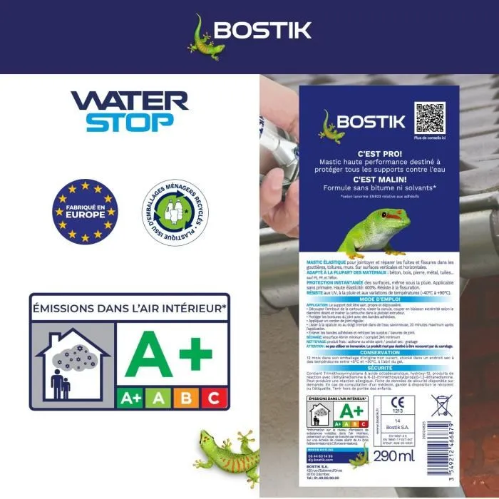 Bostik Waterstop Membrana Impermeabilizante para Reparación de Fugas Cartucho 290 ml Gris