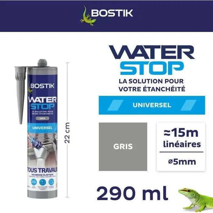Bostik Waterstop Membrana Impermeabilizante para Reparación de Fugas Cartucho 290 ml Gris