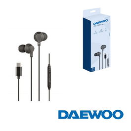 Daewoo Auricular In-Ear con Microfono, Cable USB Tipo C Negro, Control de Volumen, Compatible con iOS y Android