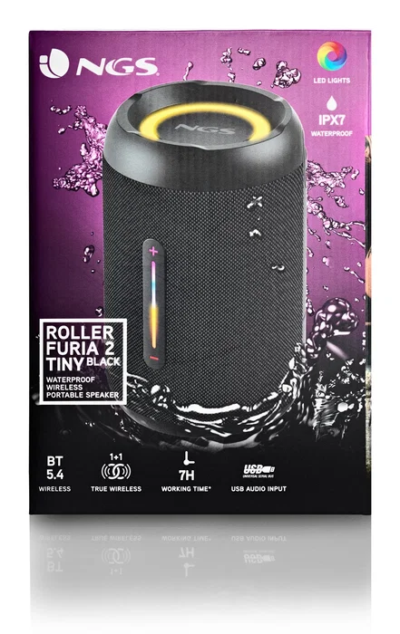 NGS ROLLER FURIA 2 TINY Altavoz Portátil Bluetooth 10W, IPX7 Impermeable, Luces RGB, USB-C, 7h Batería, Negro
