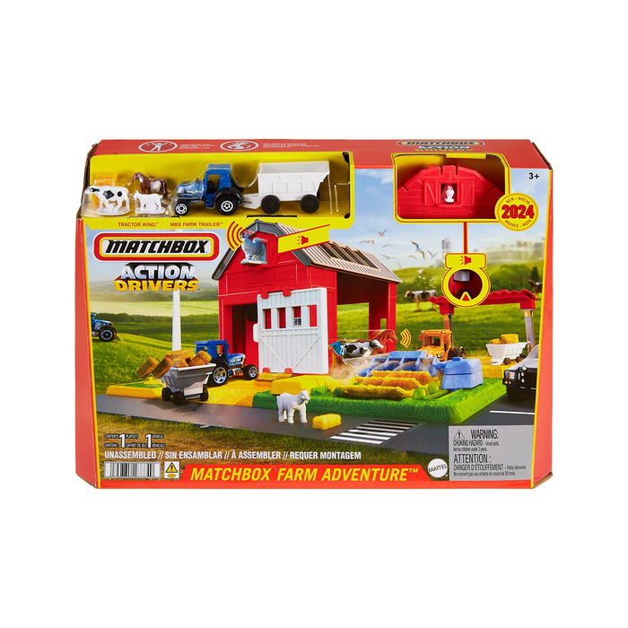 Matchbox Hry42 Granja Con Cosechas Action Drivers Playset con Sonidos Reales, Tractor 1:64 y 3 Animales Desmontables | Edad +3 años
