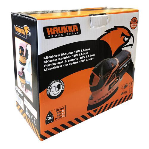 Haukka Lijadora Mouse 18V Li-Ion 2.0Ah con 3 Lijas 140X100 Haukka Lijadora Mouse 18V Li-Ion 2.0Ah con 3 Lijas 140X100
