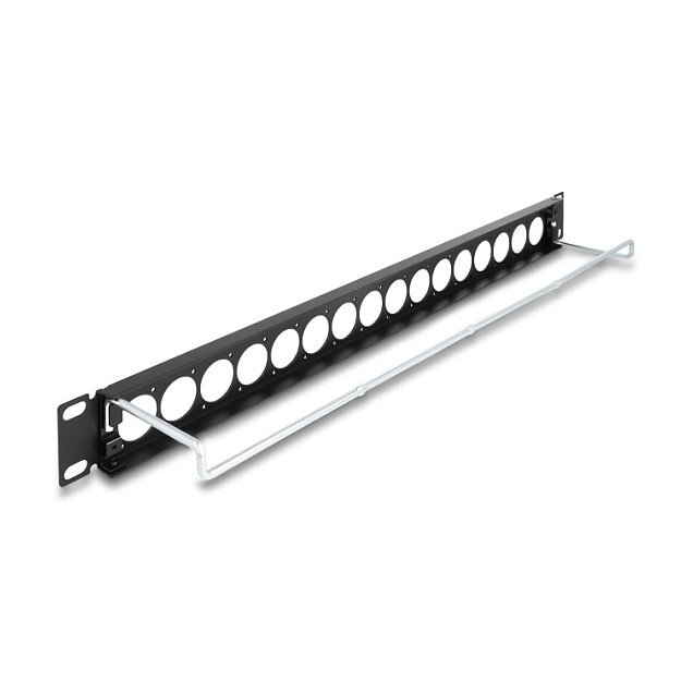 DeLOCK Panel de Conexión D-Typ de 19 Pulgadas, Patchpanel con Entlastungsschiene, 16 Puertos, 1U, Negro, Montaje en Rack, 78.1 mm