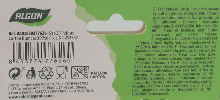 Algon Set 25 Pajitas Cartón Blancas 19.7 cm (24 Unidades)